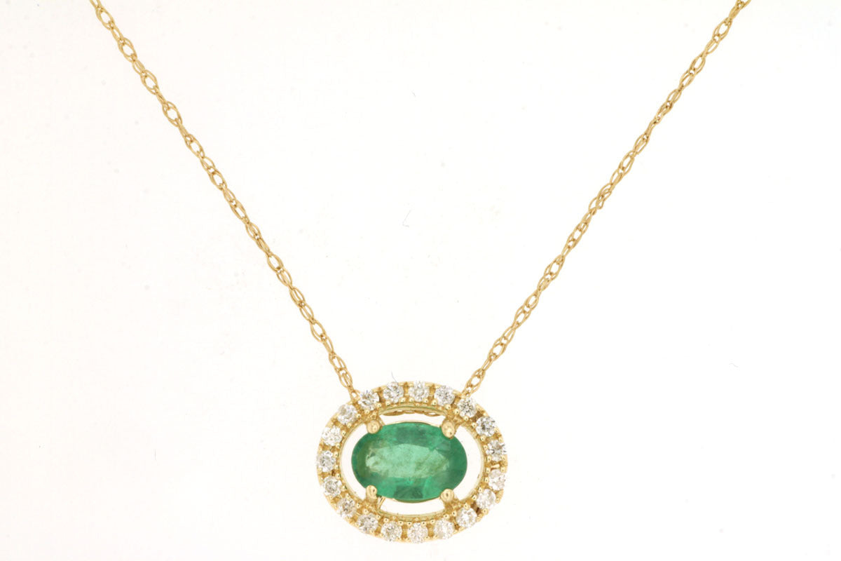 14K Yellow Gold Necklace with 0.44ctw Oval Emerald & 0.12ctw Natural Diamonds