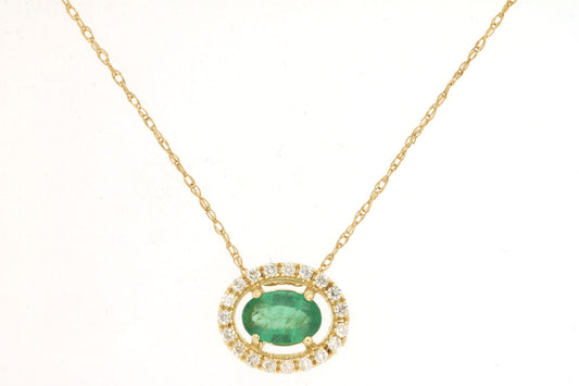 14K Yellow Gold Necklace with 0.44ctw Oval Emerald & 0.12ctw Natural Diamonds