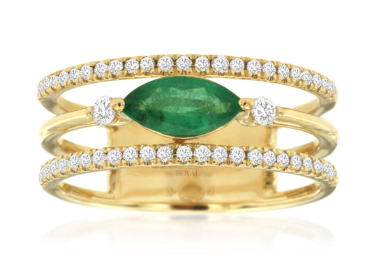 14K Yellow Gold Three-Band Ring with 0.52ctw Marquise Emerald & 0.26ctw Natural Diamonds