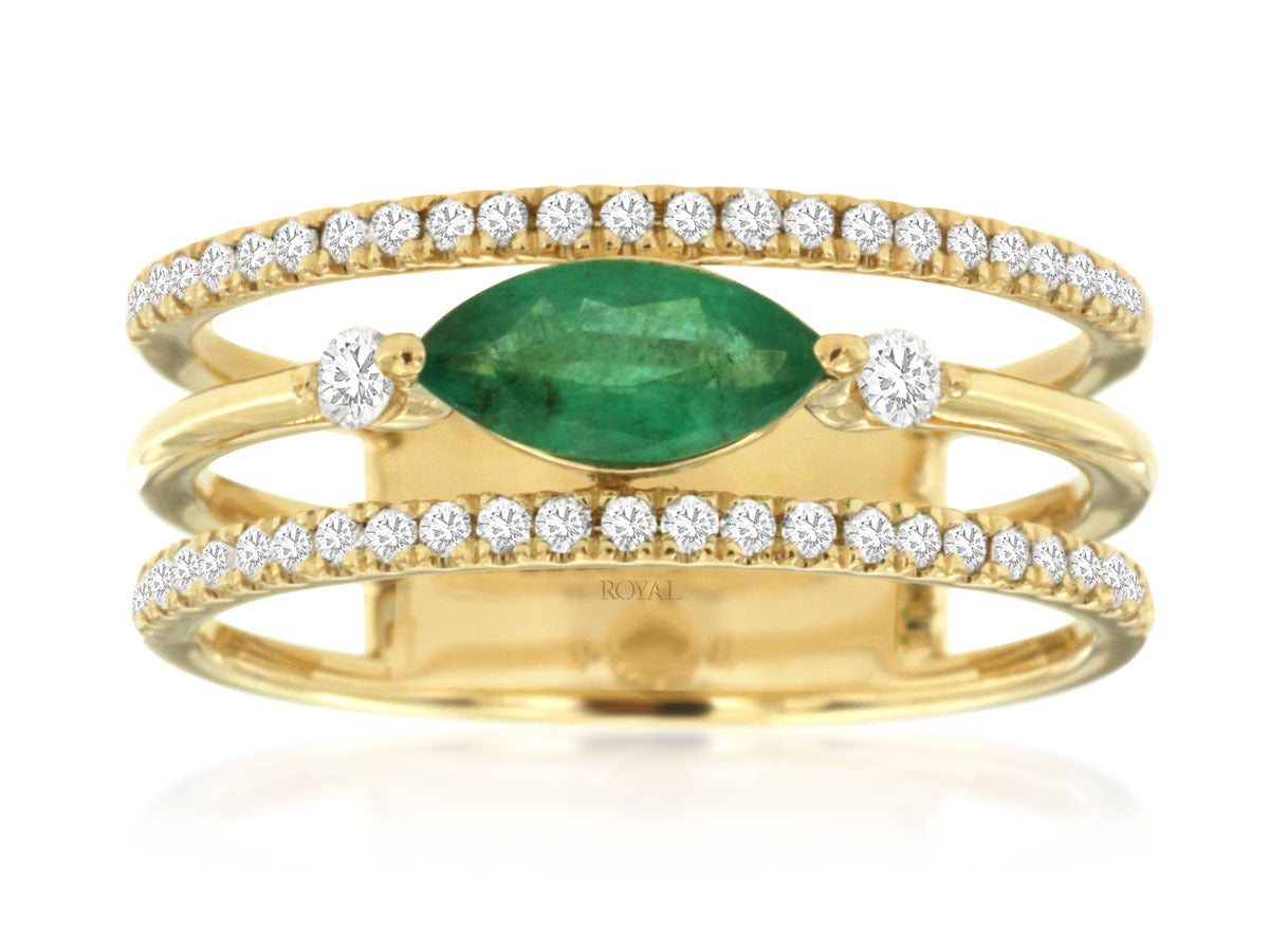 14K Yellow Gold Three-Band Ring with 0.52ctw Marquise Emerald & 0.26ctw Natural Diamonds