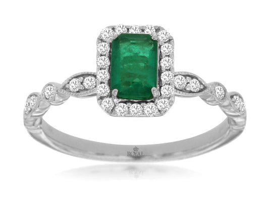 14K White Gold Halo Ring with 0.55ctw Emerald & 0.26ctw Natural Diamonds