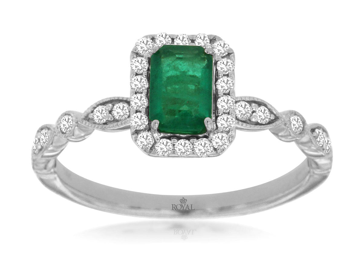 14K White Gold Halo Ring with 0.55ctw Emerald & 0.26ctw Natural Diamonds