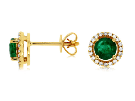 14K Yellow Gold Halo Stud Earrings with 0.90ctw Emeralds & 0.15ctw Natural Diamonds