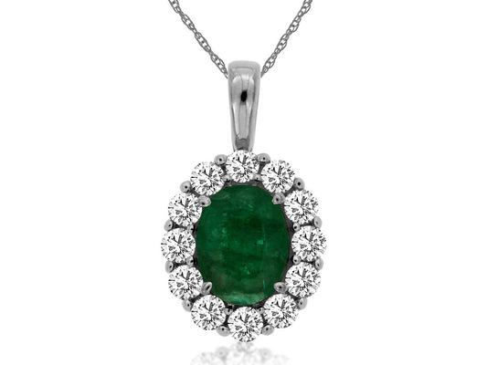 14K White Gold Halo Necklace with 1.10cttw Emerald & 0.75cttw Natural Diamonds