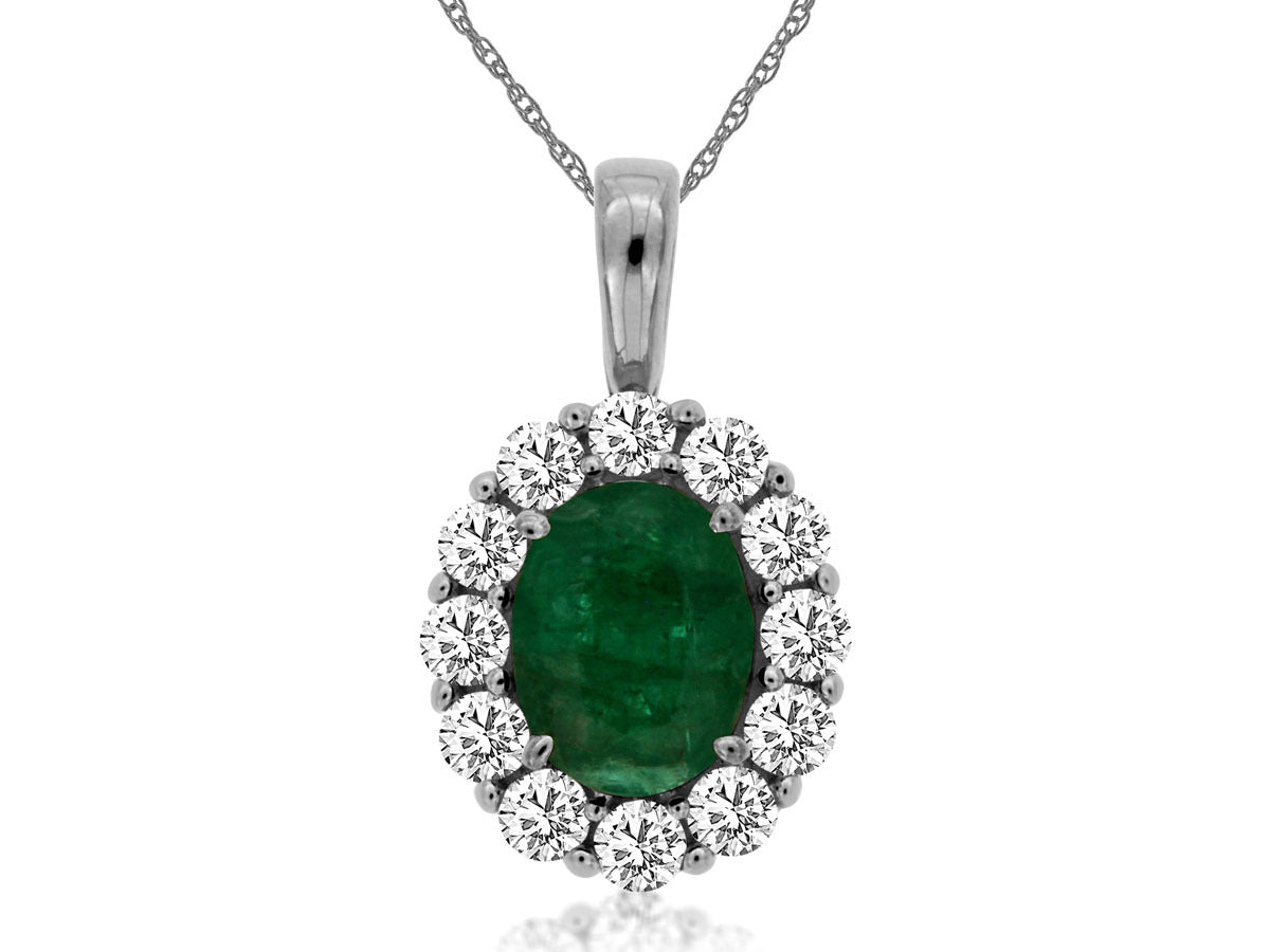 14K White Gold Halo Necklace with 1.10cttw Emerald & 0.75cttw Natural Diamonds