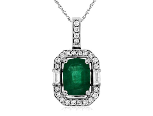 14K White Gold Halo Necklace with 1.60ctw Emerald & 0.27ctw Natural Diamonds