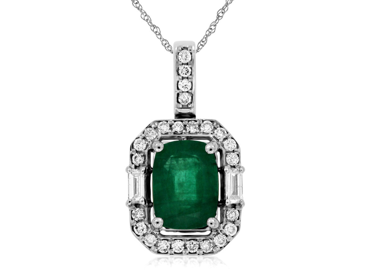14K White Gold Halo Necklace with 1.60ctw Emerald & 0.27ctw Natural Diamonds