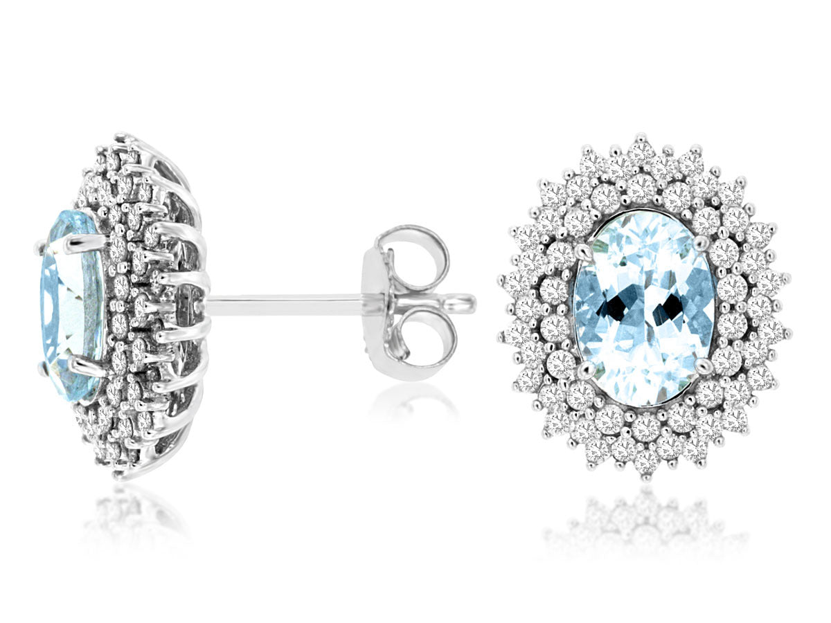 14K White Gold Halo Stud Earrings with1.35ctw  Oval Aquamarine & 0.50ctw Natural Diamonds