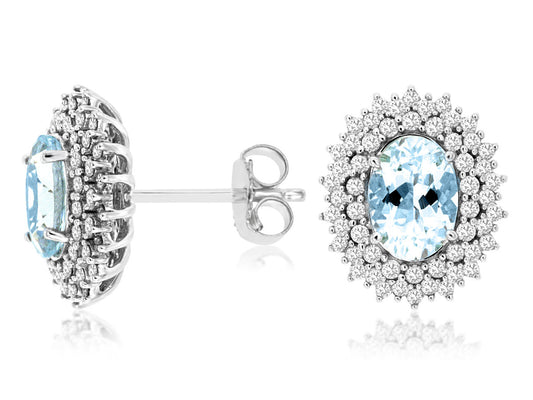 14K White Gold Halo Stud Earrings with1.35ctw  Oval Aquamarine & 0.50ctw Natural Diamonds