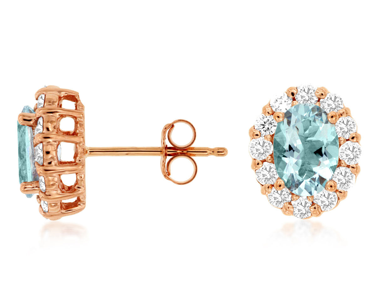 14K Rose Gold Stud Earrings with 1.35ctw Oval Aquamarine & 0.60ctw Natural Diamonds