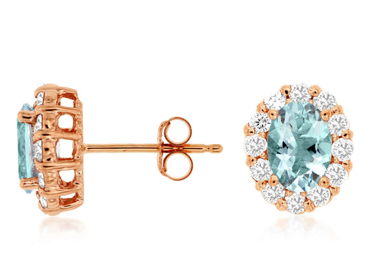 14K Rose Gold Stud Earrings with 1.35ctw Oval Aquamarine & 0.60ctw Natural Diamonds