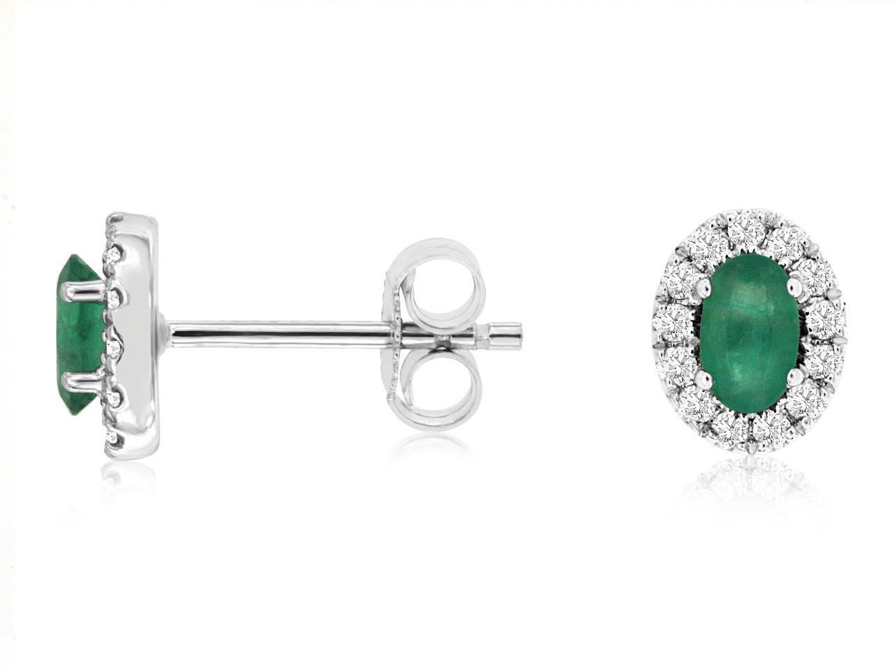 14K White Gold Stud Earrings with 0.44ctw Oval Emeralds & 0.18ctw Natural Diamonds