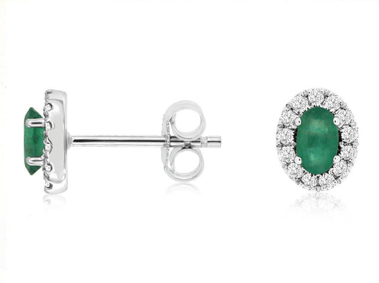 14K White Gold Stud Earrings with 0.44ctw Oval Emeralds & 0.18ctw Natural Diamonds