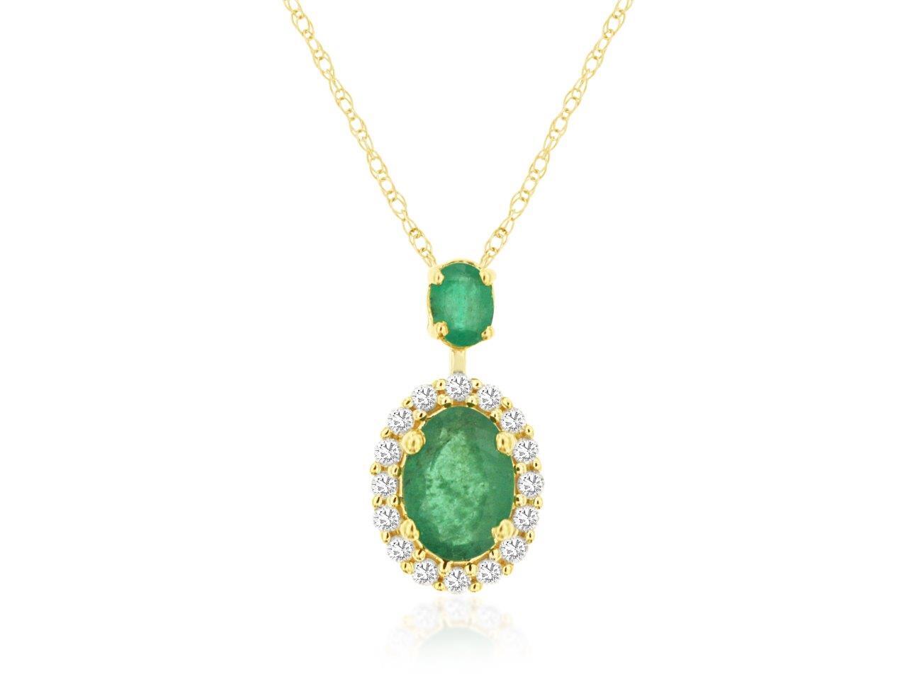 14K Yellow Gold Halo Necklace with 0.90ctw Emeralds & 0.16ctw Natural Diamonds