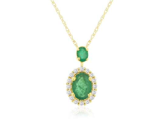 14K Yellow Gold Halo Necklace with 0.90ctw Emeralds & 0.16ctw Natural Diamonds