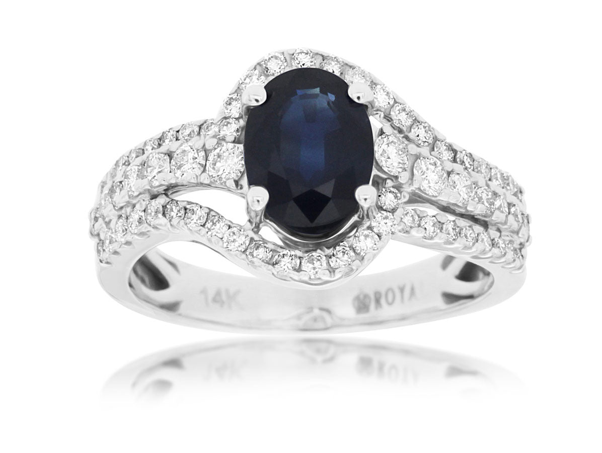 14K White Gold Ring with 1.47CTW Oval Sapphire & 0.65 CTW Natural Diamonds