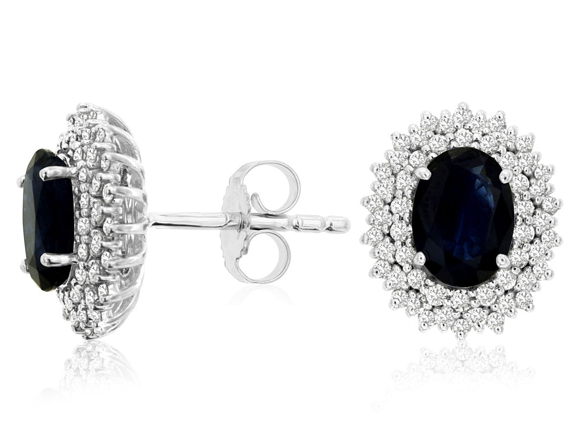 14K White Gold Halo Stud Earrings with 2.00CTW Oval Sapphires & 0.50CTW Natural Diamonds