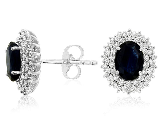 14K White Gold Halo Stud Earrings with 2.00CTW Oval Sapphires & 0.50CTW Natural Diamonds