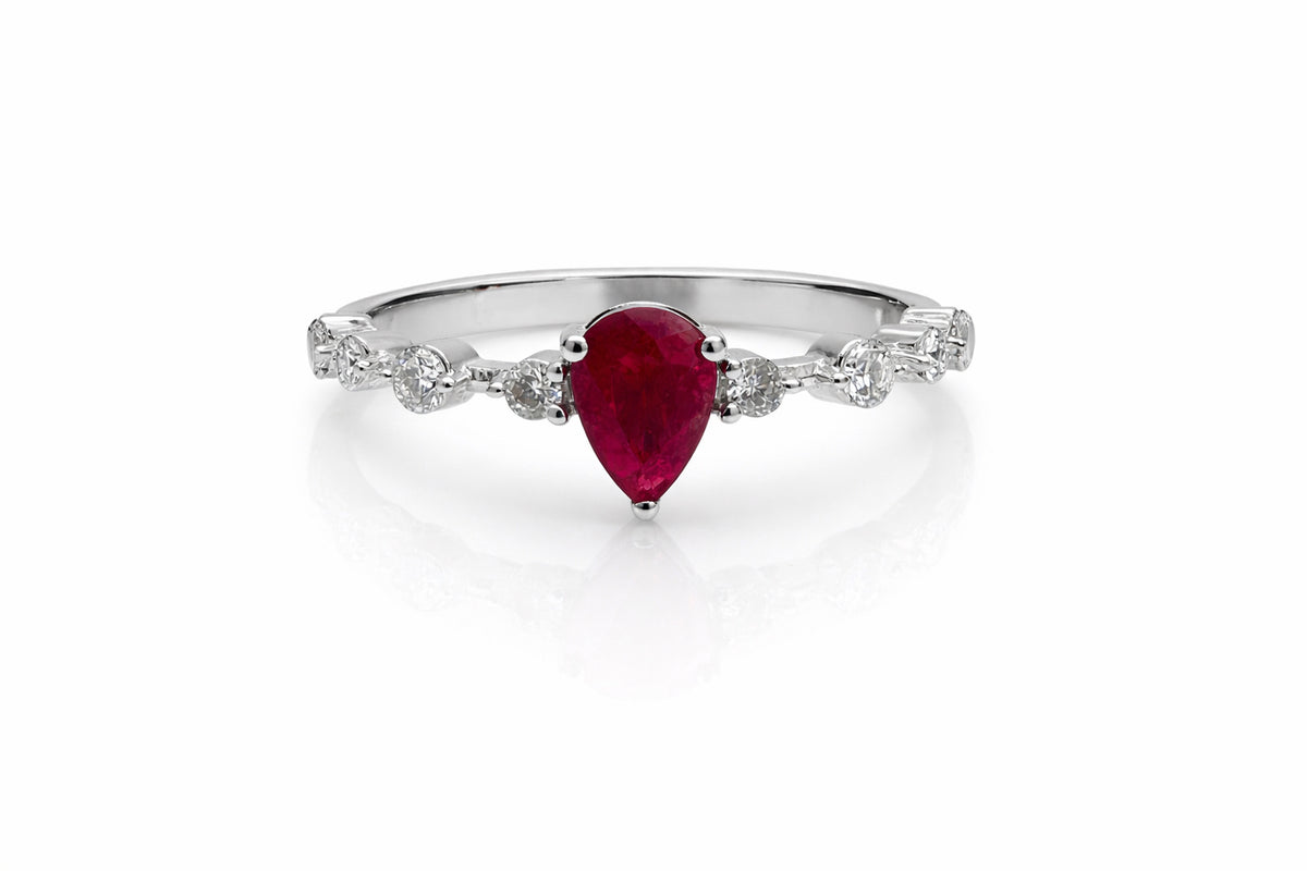 14K White Gold Pear Cut Ruby & Diamond Ring