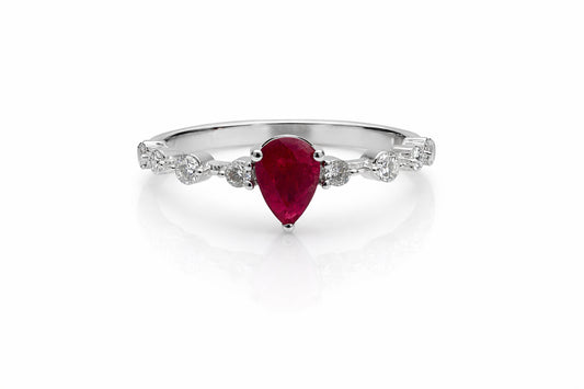 14K White Gold Pear Cut Ruby  & Diamond Ring
