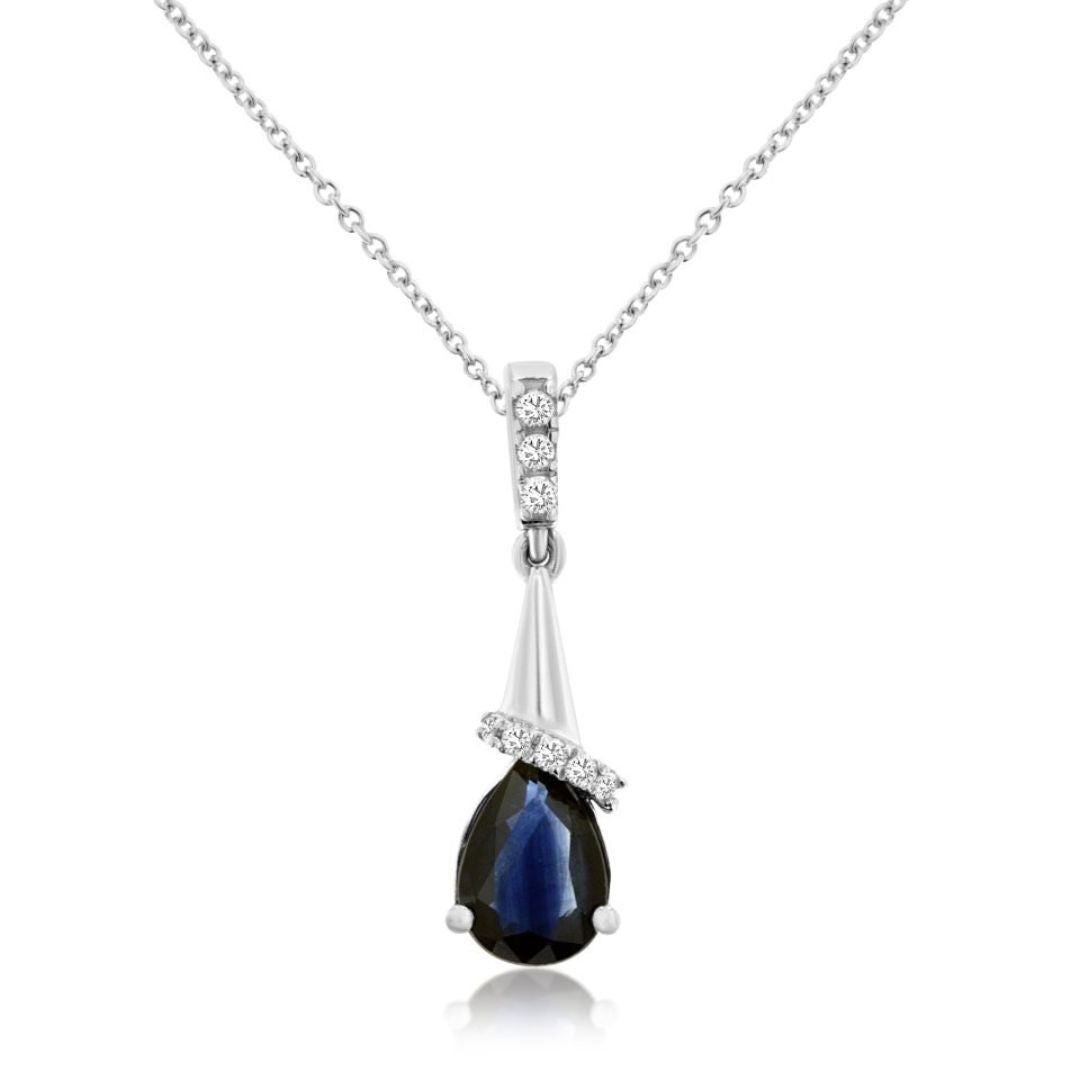 Teardrop-shaped pendant with a blue gemstone and diamond accents on a white background