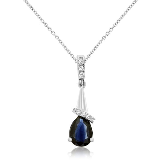 Teardrop-shaped pendant with a blue gemstone and diamond accents on a white background