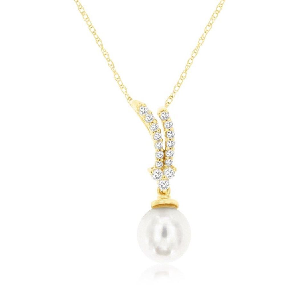 Gold necklace with a pearl pendant on a white background