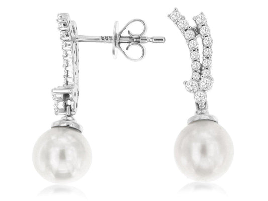 14K White Gold Drop Earrings with Pearl &  0.29ctw Natural Diamonds