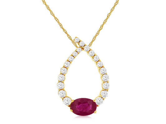 14K Yellow Gold Teardrop Necklace with 0.56ctw Ruby & 0.33ctw Natural Diamonds