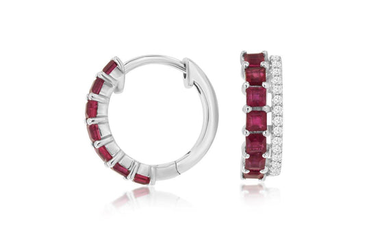 14K White Gold Petite Hoop Earrings with 0.87ctw Ruby & 0.09ctw Natural Diamonds