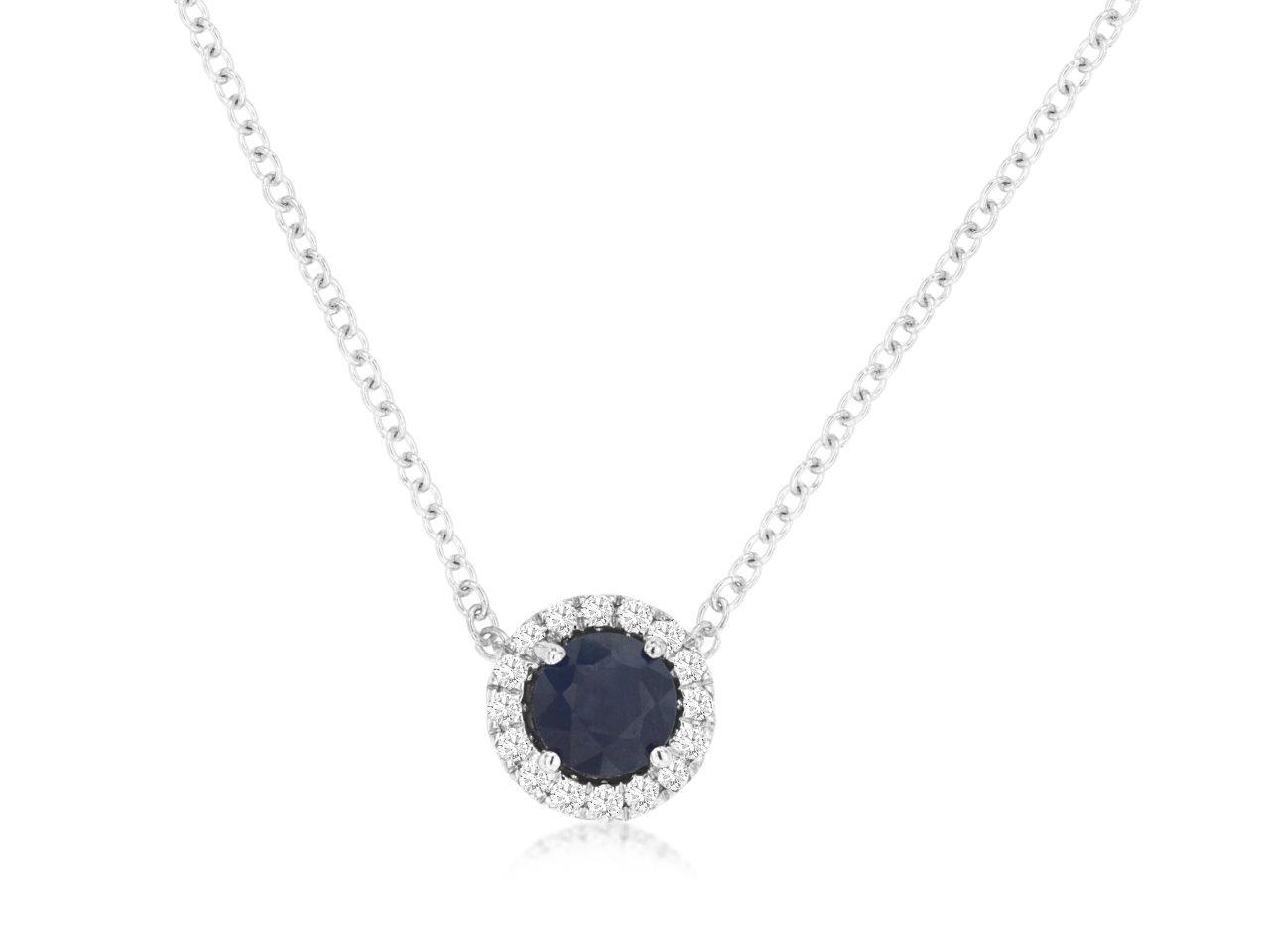 14K White Gold Halo Necklace with 0.65CTW Round Sapphire & 0.10 CTW Natural Diamonds