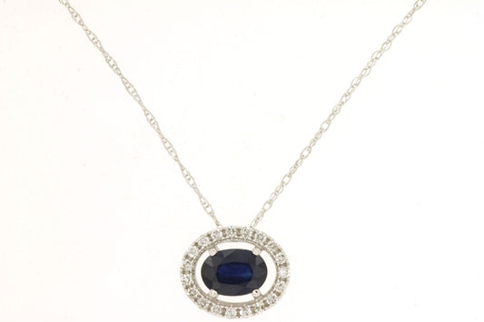 14K White Gold Halo Necklace with 0.65 CTW Sapphire & 0.12 CTW Natural Diamonds