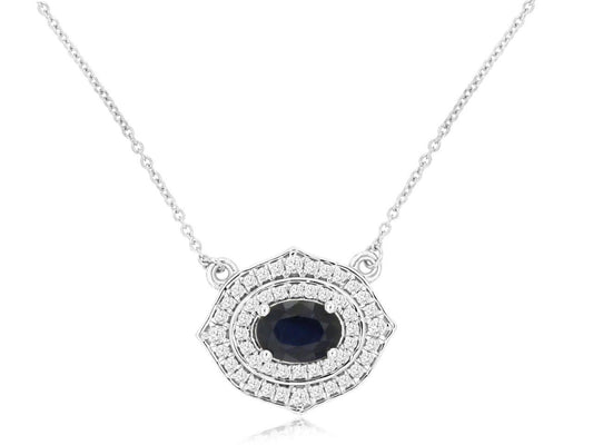 14K White Gold Halo Necklace with 0.98 CTW Sapphire & 0.35CTW Natural Diamonds