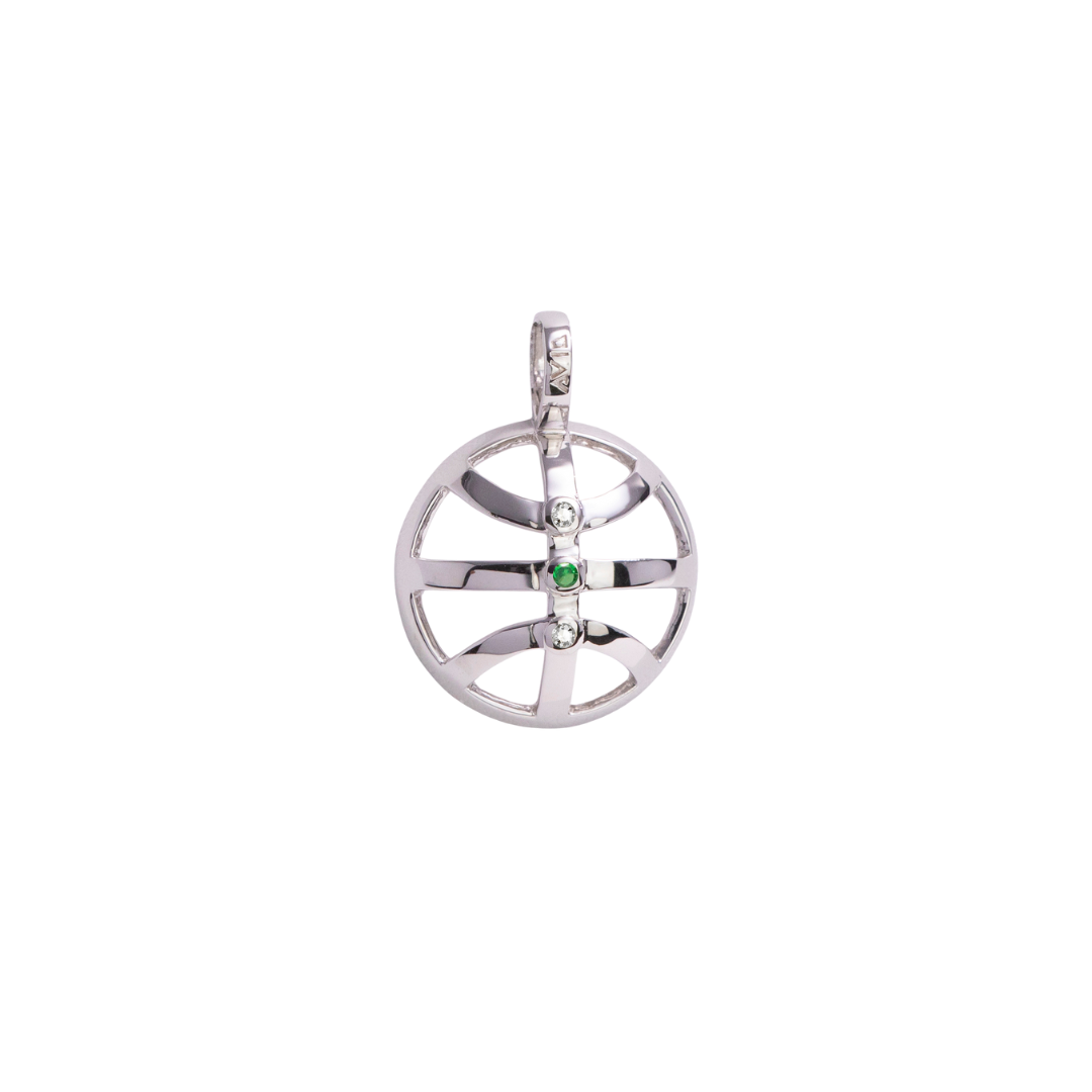 Silver pendant with green gemstone on a white background