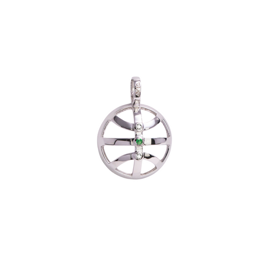 Silver pendant with green gemstone on a white background