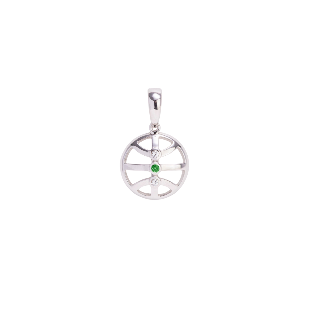 Silver pendant with a green gemstone on a white background