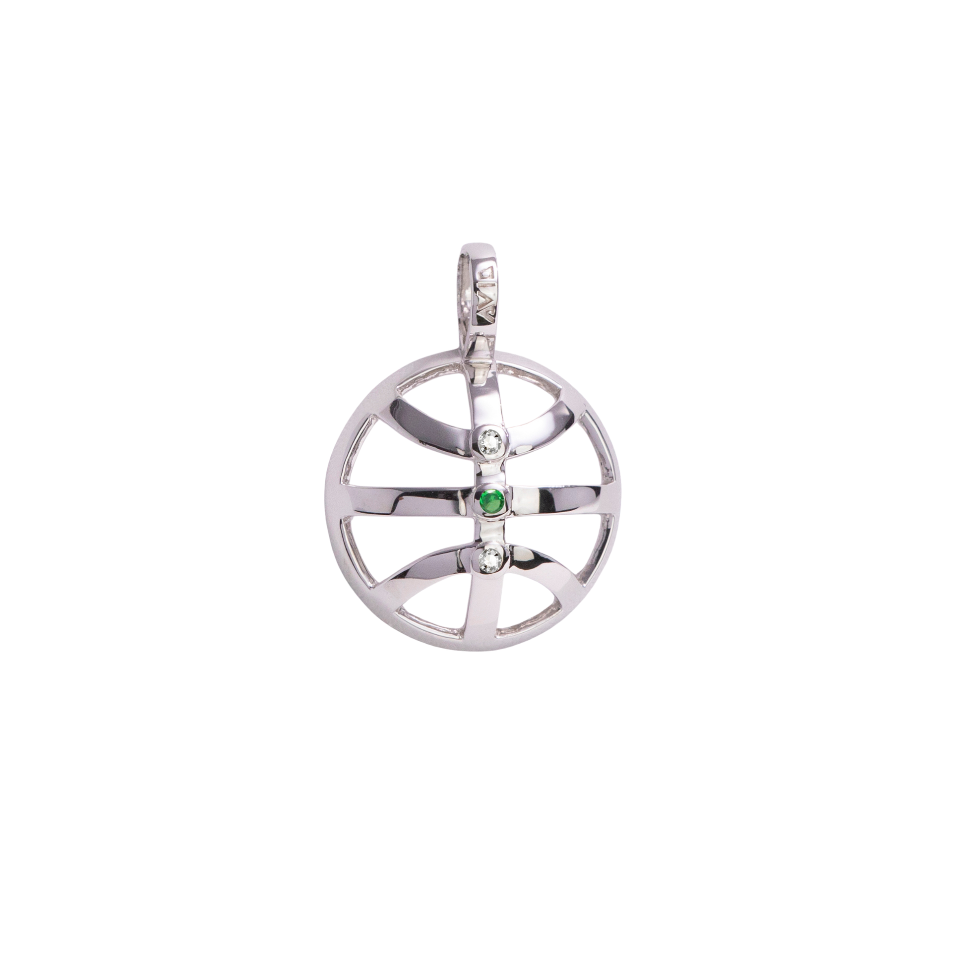 Silver pendant with green gemstone on a white background