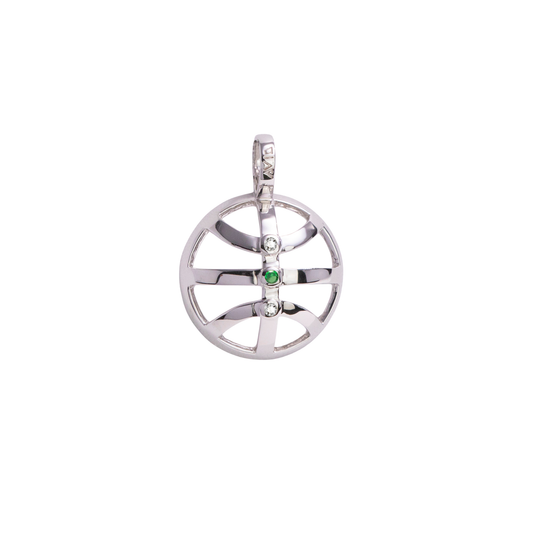Silver pendant with green gemstone on a white background