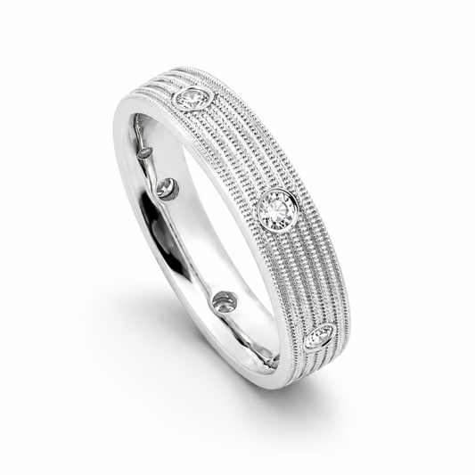 Modern Electrum Ring with Milgrain Rows and 7 Natural Diamonds