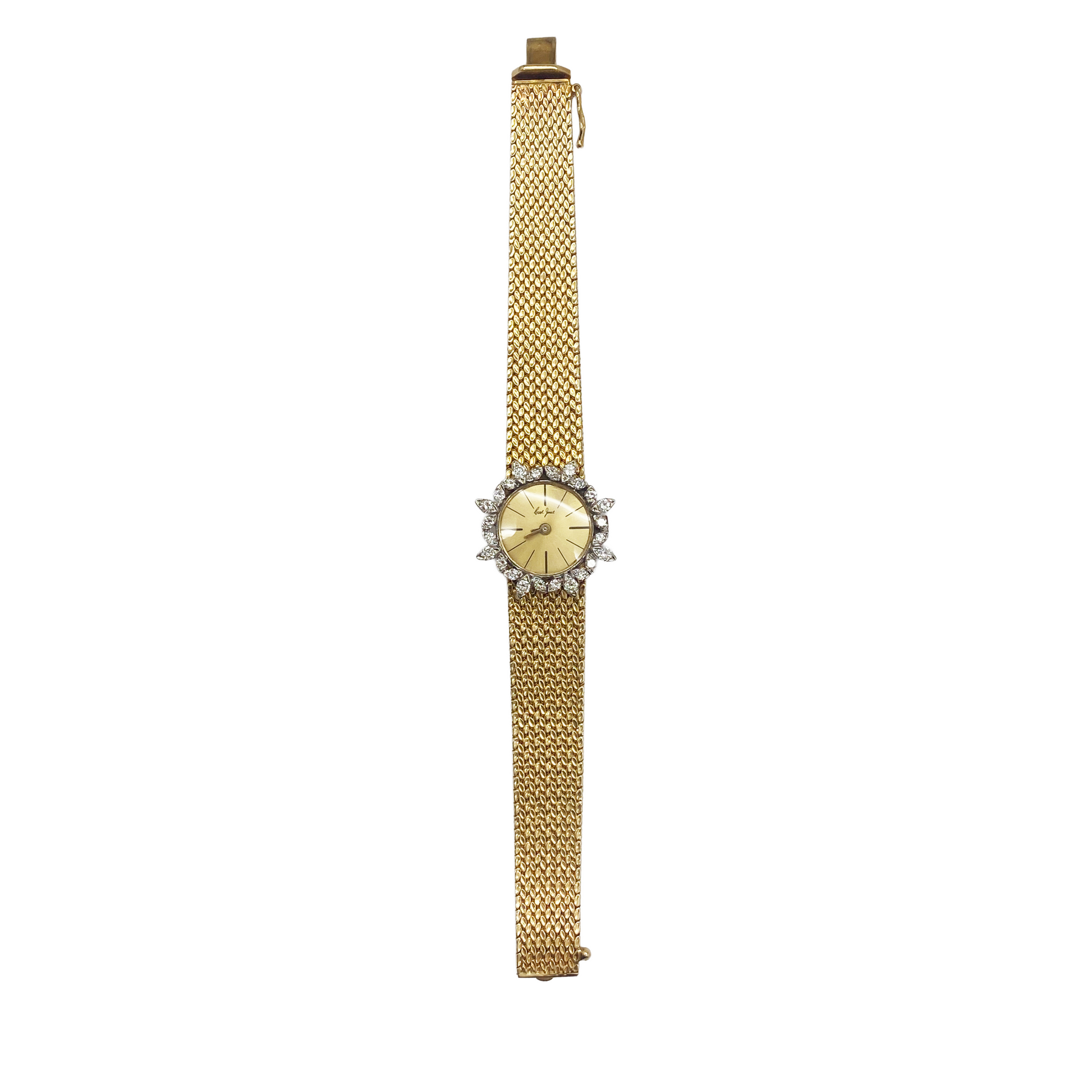 Gold watch with a mesh band on a white background