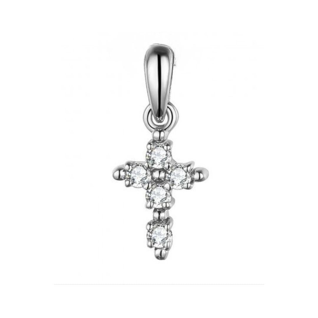Silver cross pendant with clear stones on a white background
