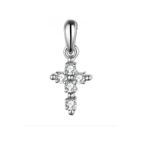 Silver cross pendant with clear stones on a white background