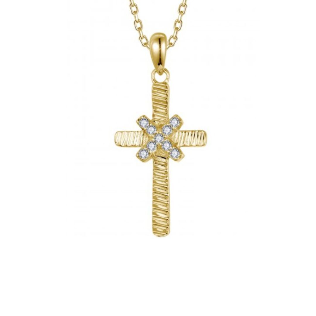 Gold cross pendant necklace with diamonds on a white background