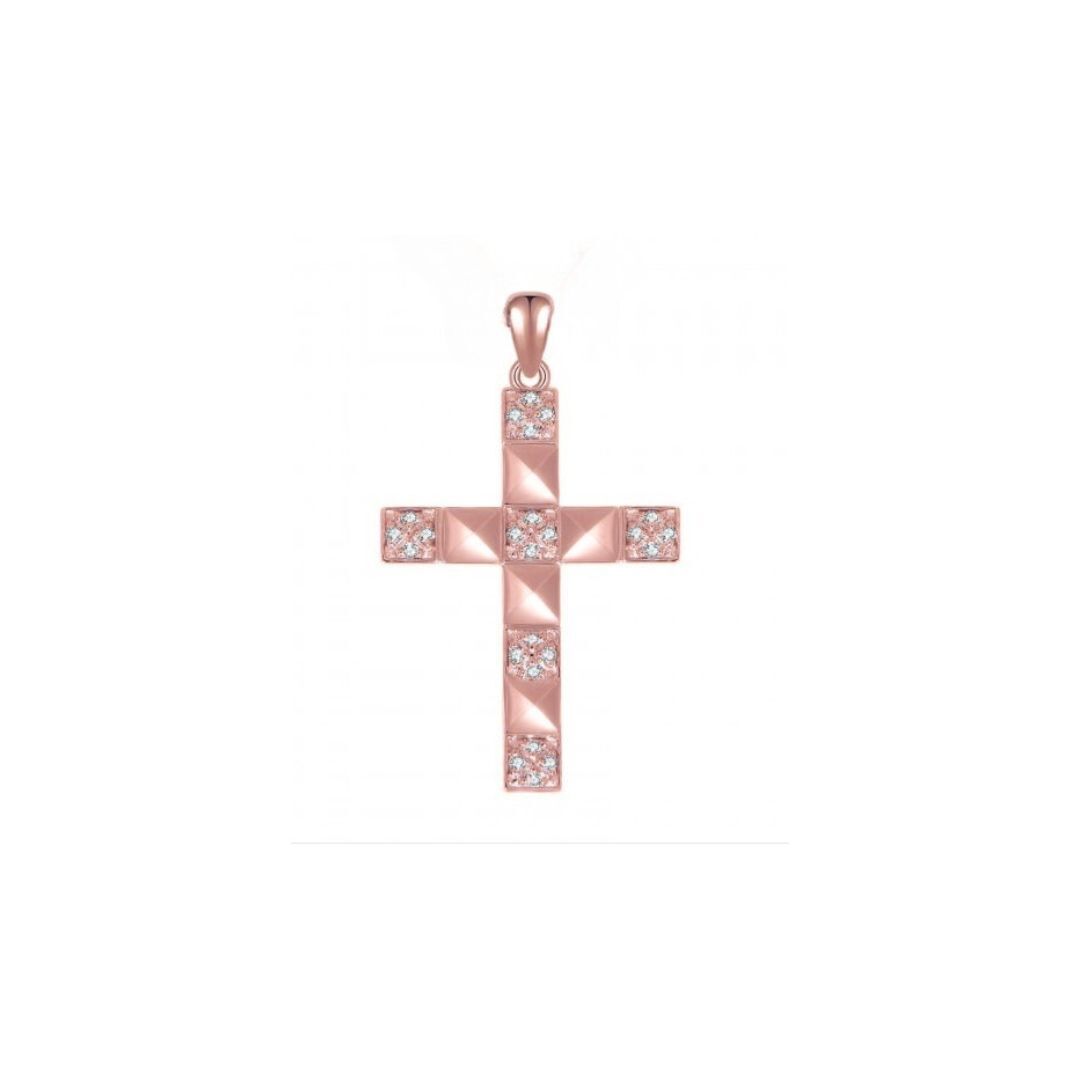 Rose gold cross pendant with clear stones on a white background
