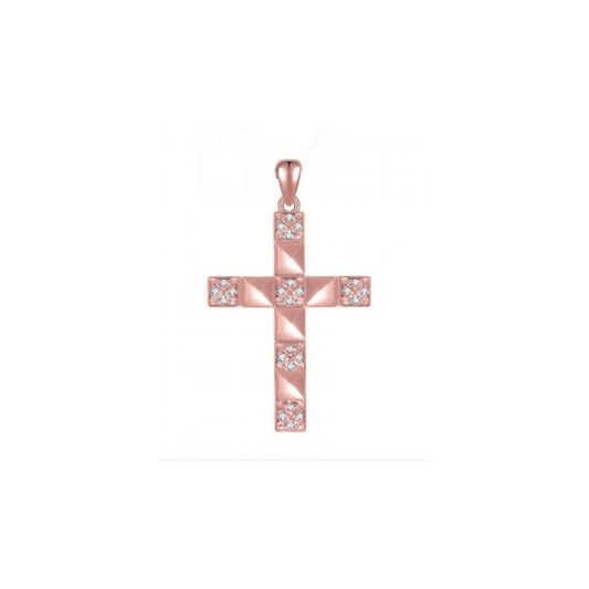 Rose gold cross pendant with clear stones on a white background
