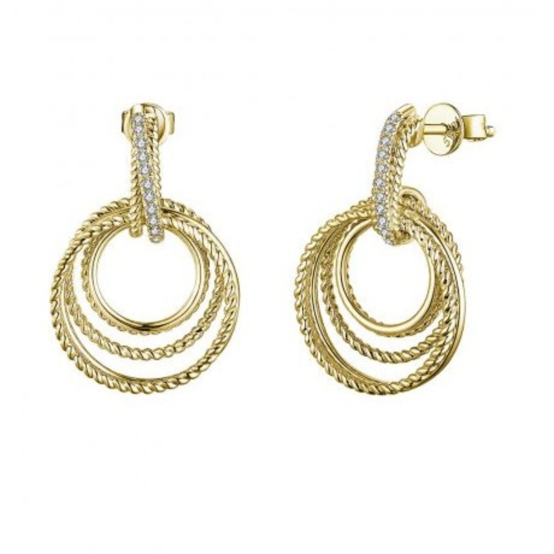 Gold hoop earrings with multiple rings on a white background