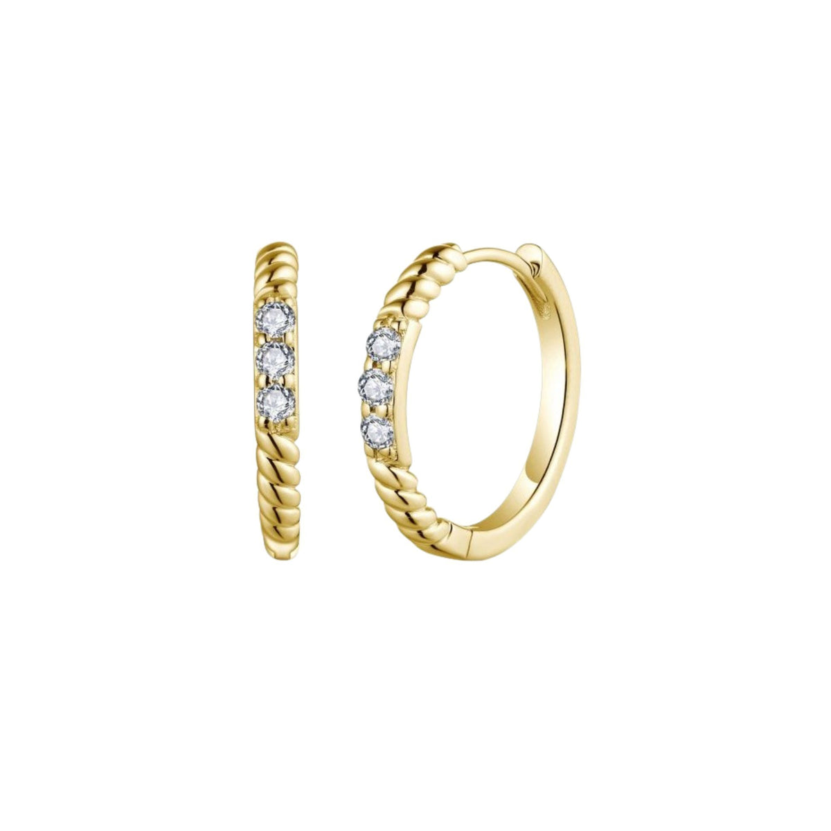 Gold hoop earrings with embedded diamonds on a white background