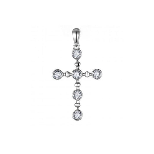 Silver cross pendant with embedded diamonds on a white background