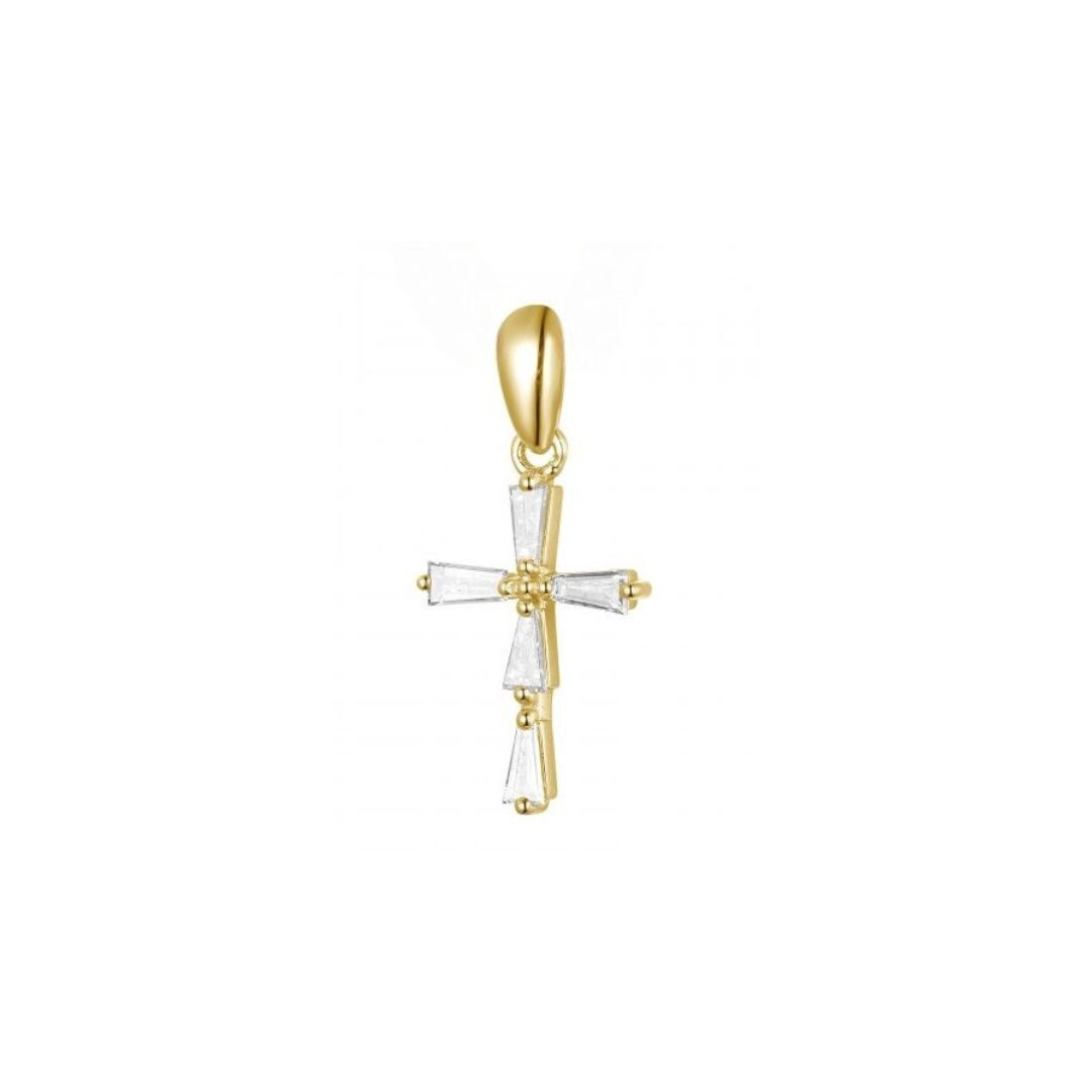 Gold and white cross pendant on a white background