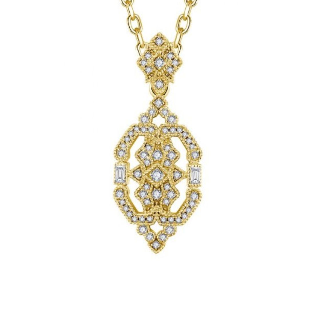 Gold necklace with a decorative pendant on a white background